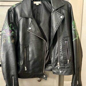Topshop Black Leather Biker Jacket with Green & Purple Floral Accents